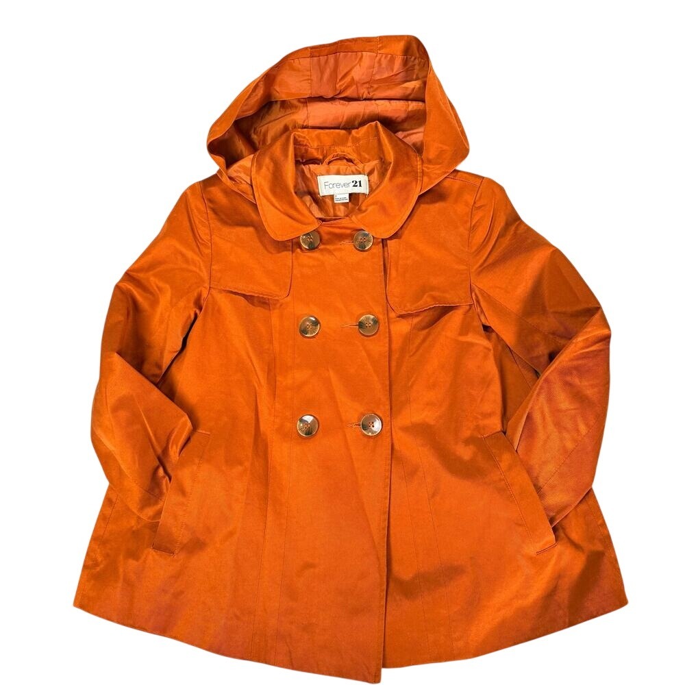 Forever 21 Hooded Double Breasted Pea Coat Jacket Women Size 2 Burnt Orange Twee